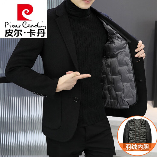 Pierre Cardin winter Korean style slim double-sided woolen suit men's removable down lining wool woolen suit jacket with down lining black with lining XL 135~150Jin Jin equals 0.5 kg