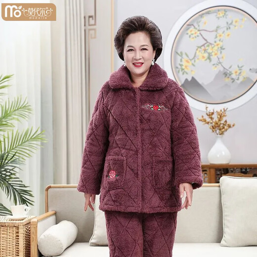 莫代尔中年妈妈加厚珊瑚绒中老年冬季宽松大码夹棉睡衣女保暖家居服套装 687 酒红色 水晶绒 中长款连帽 3XL 160-190斤 三层加厚