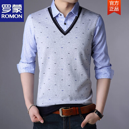 ROMON (ROMON) Spring and Autumn Fake Two-piece Shirt Collar Knit Sweater Men's Long Sleeve Double Collar Shirt T-shirt Middle-aged Men's Thin. Base Shirt 3878 Blue (Spring and Autumn) Button Cuffs Thin XL 175 Recommended 138-158Jin [Jin equals 0.5 kg]