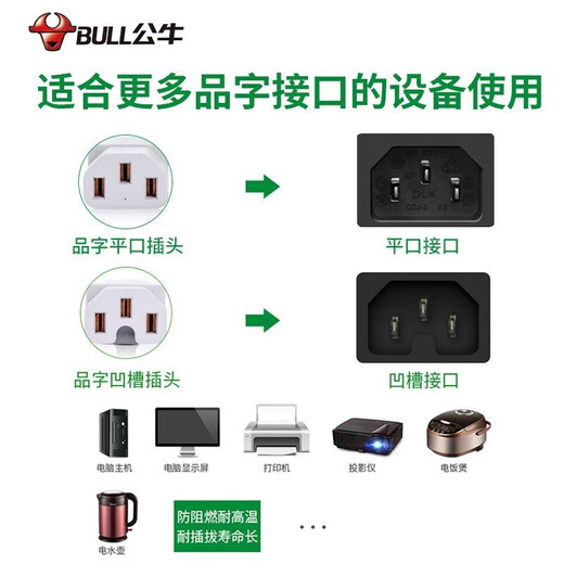 公牛电源线三孔通用电脑主机显示器三芯带插头连接线电饭锅电饭煲电炒锅线平口凹槽品字口耦合器插座
 平口/凹槽口通用【花线款】1米J4N