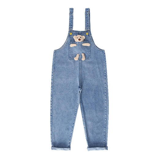Jianzifeifei (Jianzifeifei) girls' pants loose denim overalls spring and autumn autumn clothing for middle-aged and older children new trendy casual trousers blue - bear overalls trousers size 160 recommended height around 145-155 cm