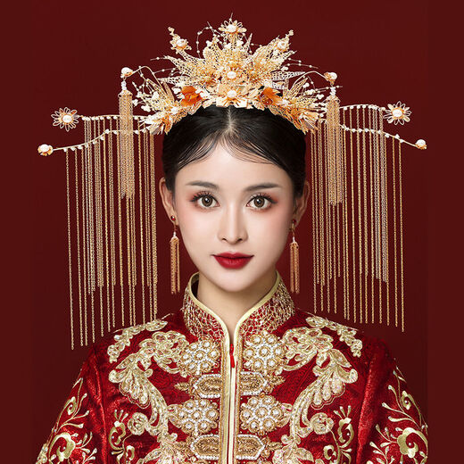 Lingchuan Xiuhe clothing headdress, elegant bridal phoenix crown, red step, long tassel, classical suit, wedding accessories, Xiuhe X-D33 phoenix crown ear clip with ear hook
