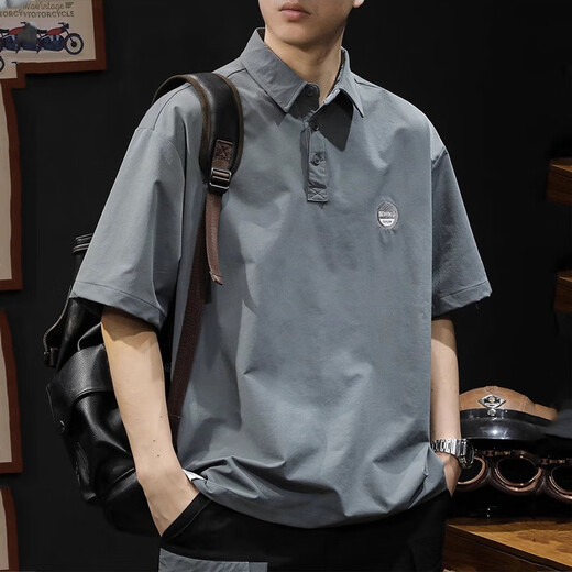Gu Xiansen American short-sleeved T-shirt men's summer lapel polo T-shirt loose casual half-sleeved collared quick-drying top Brown L 130-145Jin Jin equals 0.5 kg