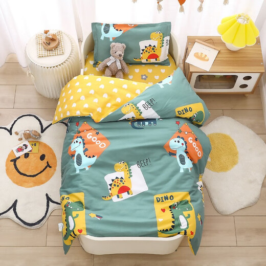 Meet the Beauty Pure Cotton Kindergarten Dormitory Three-piece Set Cartoon Bedsheets for Infants and Toddlers Quilted into Kindergarten Children's Beds for Kindergarten Napping Kindergarten Dormitory Three-piece Set Dinosaur Family Green