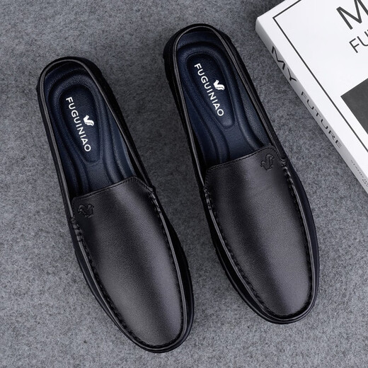 Fuguiniao Men's Shoes Autumn Breathable Men's Peaches Shoes Genuine Leather Business Casual Shoes Non-slip Soft Soft Surface One-Pedal Dad Shoes Lu Muteng FG2036 Black 40