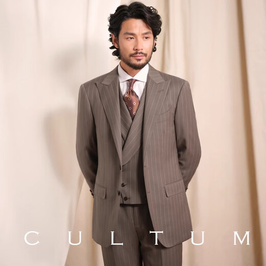 CULTUM Australian wool semi-linen lining retro vertical striped suit suit men's lapel collar wedding groom suit light brown striped three-piece suit XXS (48A)
