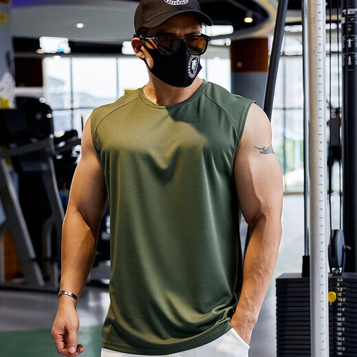 Lutielang Fitness Vest Men's Sports Loose Summer Sleeveless Quick-Drying Clothes Marathon Running Racing Training Vest Military Green L