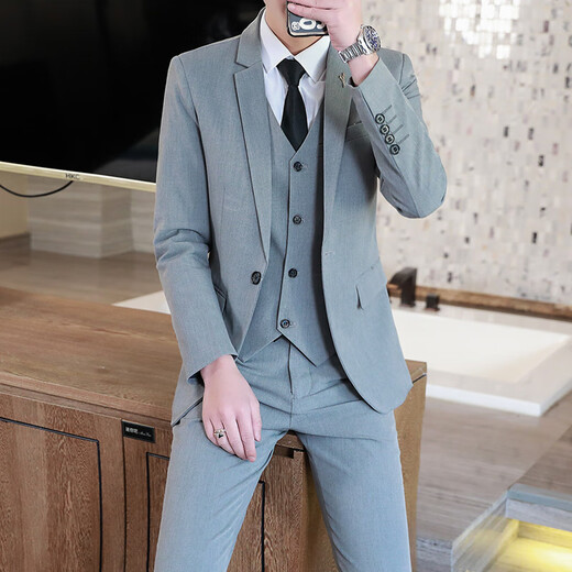 Playboy (PLAYBOY) suit men's Korean version slim fit groomsmen and grooms wedding dress business casual no-iron formal small suit jacket black suit + pants + shirt with waist tie 4XL