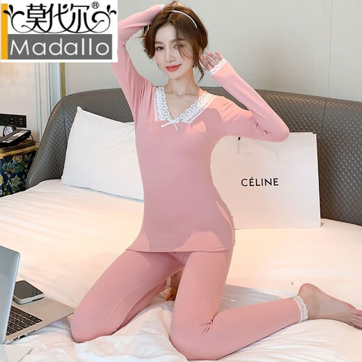 
Modal double-sided German velvet thermal underwear for women with beautiful body slim marks and traces autumn clothes and long pants suit sexy lace base cotton sweater T9901# black S