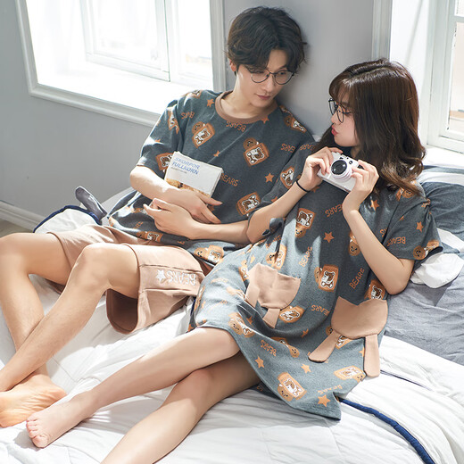 Shi jingya pareja pijamas mujeres verano algodón puro delgada delgada ropa de manga corta verano estilo de moda coreana traje para hombres cxh 12014 cuello redondo pareja 2xl - estilo femenino estilo