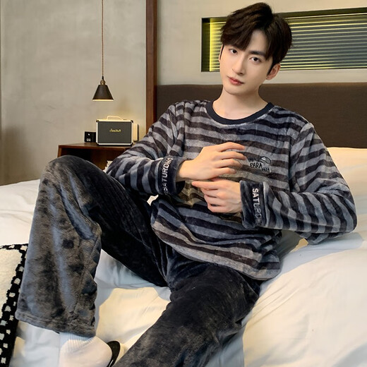 
Pajamas men's autumn and winter thickened coral coral velvet teenager students round neck warm winter home clothing set KZY3890 Men's 2XL code recommended 180CM (150Jin [Jin equals 0.5 kg])