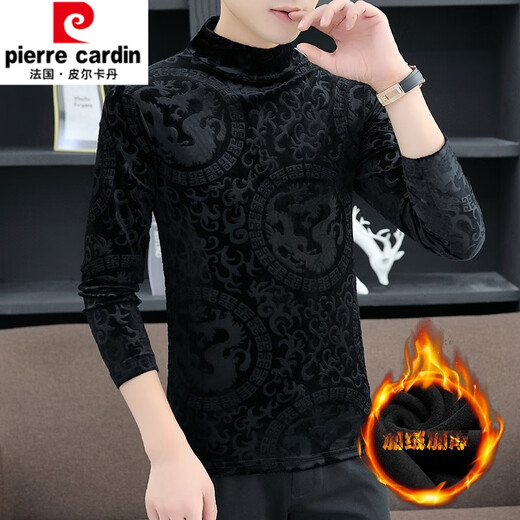 皮尔卡丹（pierre cardin）男士金丝绒长袖t恤男加绒加厚冬季高领打底衫青少年潮牌保暖上衣 691黑色(加.绒) M