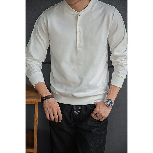 American retro heavyweight cotton baseball collar henley shirt T-shirt Ami Khaki tough guy style bottoming shirt men's spring white S
