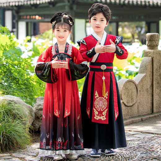 微爱的小松鼠汉服男童 2025新款儿童古风唐装男孩国学演出服夏季6198 知遇-红色 150 cm