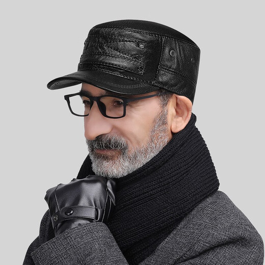 Woodpecker head cowhide hat for middle-aged and elderly men, winter duck cap with ear protection and velvet to prevent cold and warm baseball cap for dad and grandpa, dark brown color, adjustable hat circumference (head circumference 54-60cm)
