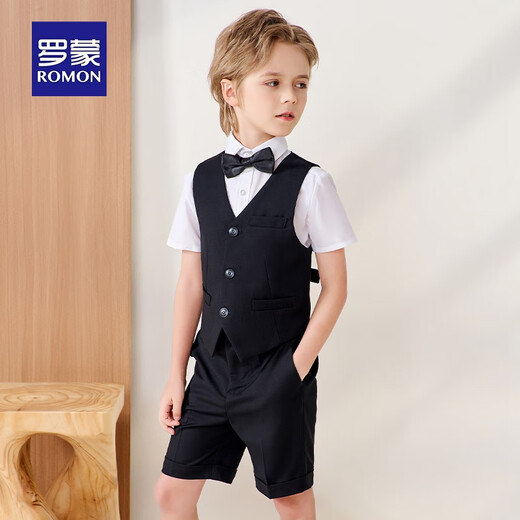 罗蒙儿童西装套装演出服花童礼服中大童钢琴英伦 黑色套装 130