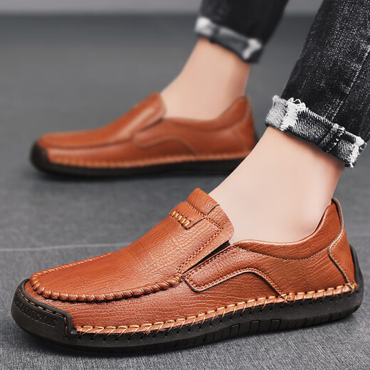 Western Region Camel Men's Genuine Leather Casual Leather Shoes Large Size British Perfect Daddy Shoes Dark Brown [9918 Four Seasons] 41