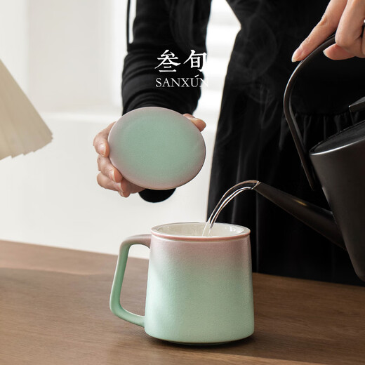 Thirty-year-old Impression Tea Mug Creative Gradient Ceramic Covered Tea Water Separation Office Couple Cup Filtered Water Cup Impression Mug (Gradient Style)_Water Green