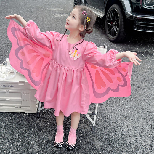 Beilecong children's clothing girls dress children's skirt autumn clothing new girl birthday gift butterfly fairy princess dress pink 100 yards recommended 2-3 years old (90-100cm)