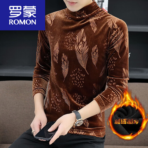 Romon Plus Velvet Camisa de la base de media tortuga en terciopelo para camiseta de manga larga de oro negro para hombres en otoño e invierno