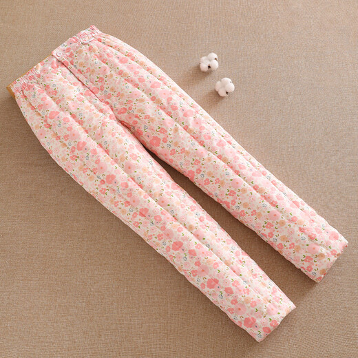 Mukis pure cotton handmade cotton pants for women, thickened high-waisted warm pants, loose for home and outdoor wear in winter, pink sunflower 4XL