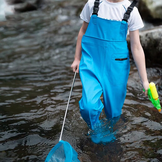 Lugeli children's wading pants, outdoor wading pants with pockets and suspenders, waterproof one-piece rain boots, play wear wading pants, blue 35, inner length 22cm