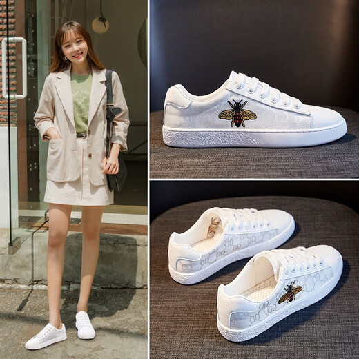 CswnKcsa女鞋2025夏秋新款小蜜蜂印花休闲小白鞋网红轻便百搭时尚运动板鞋 白色酷奇风ck2629 37