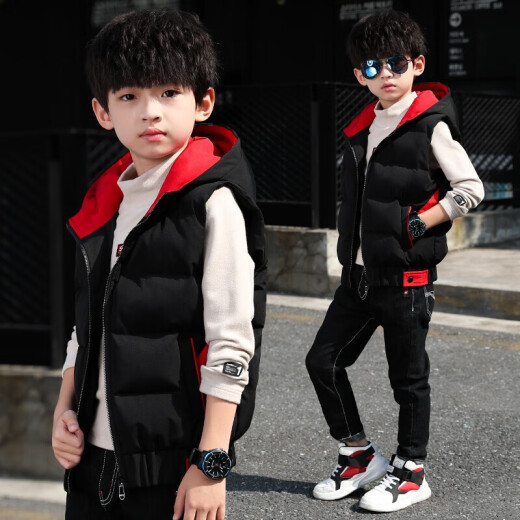 No. 1 Bear Children's Clothing Boys' Vests Down Cotton 2021 New Autumn and Winter Clothes Hooded Medium and Large Children's Fashionable Vests for Primary School Students All-Matched Warm Vests Children's Jackets Black 150cm (recommended height 140cm)