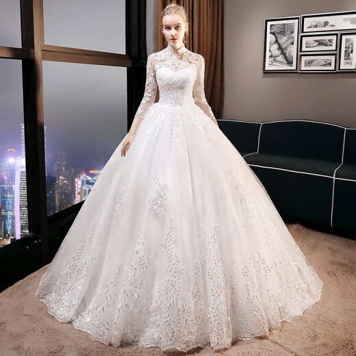 BALITOMMS light wedding dress new bride trailing dreamy European and American long-sleeved palace French conservative female wedding dress custom-made floor-length S