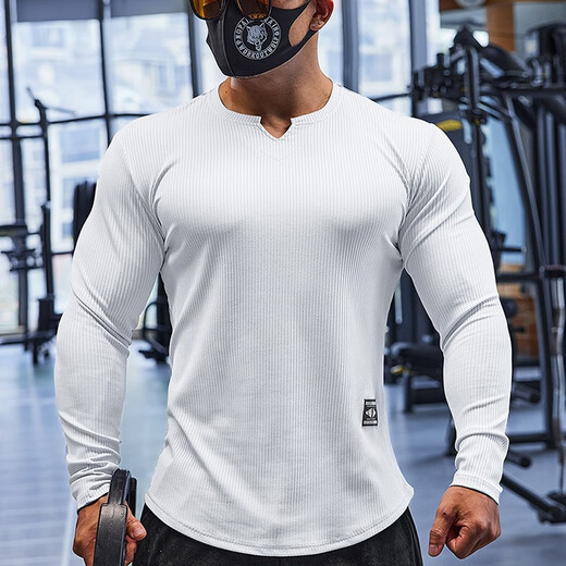 Lutielang fitness clothes sports T-shirt bottoming shirt men's long-sleeved elastic quick-drying muscle training running top sky blue L