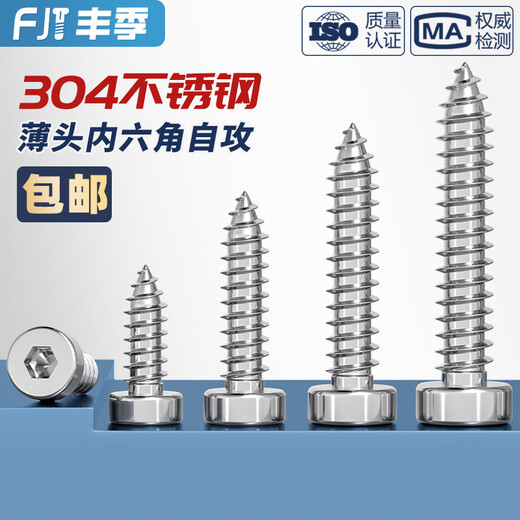 Fengji 304 stainless steel thin head hexagonal self-tapping screw cylindrical head cup head short head flat head wood screw bolt M2-M8 M6*20 10 pcs