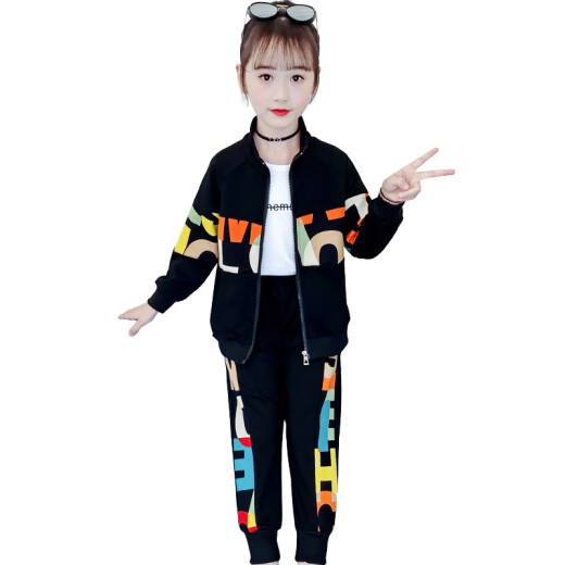 Sanyedou (SANYEDOU) Girls' Autumn Clothing Set New Children's Sports Suit for Big Children and Girls Western-style Jacket and Pants Spring and Autumn Two-piece Set Black 150cm