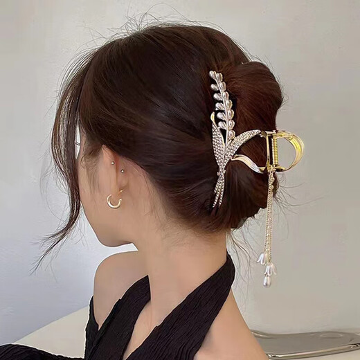 古耐高端麦穗发夹后脑勺2025新款发卡头饰女士鲨鱼夹大号盘发抓夹子 麦穗流苏发夹三件套