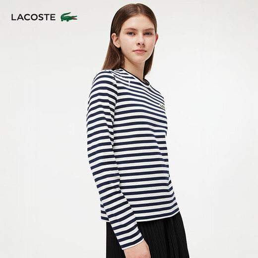 LACOSTE法国鳄鱼女装圆领时尚宽松撞色条纹休闲长袖T恤|TF9207 HHW/藏青色 S /160