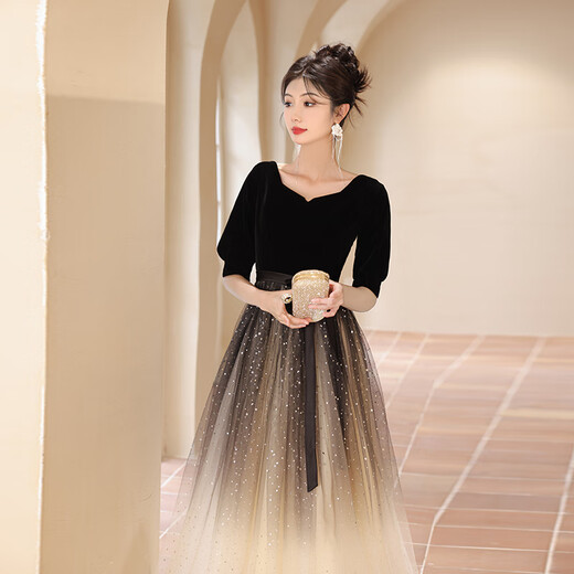 Timochi violin piano performance dress female high school student choir conductor evening high-end light luxury niche host banquet black gradient L