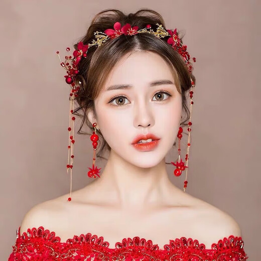 Rong Xia toasting dress, simple and atmospheric red Chinese style bridal headband, simple and high-end bespoke wedding dress, hair accessories for women, headdress + ear hooks