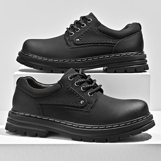 Camel Western Regions Men's Shoes Autumn Leather Workwear Shoes British Style Martin Boots Round toe Low Top Big Head Casual Leather Shoes Black 23008 39