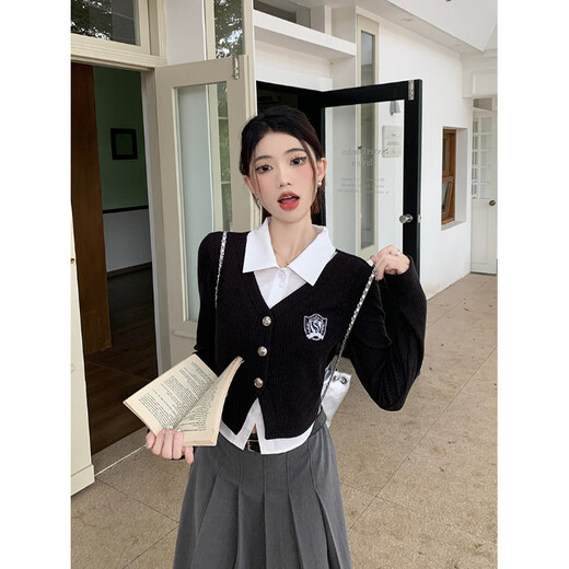 Mu Ni fake two-piece long-sleeved shirt Polo collar top black spliced short slim college style commuting outer layer black top fake two-piece M size recommended 80-100Jin Jin is equal to 0.5 kg