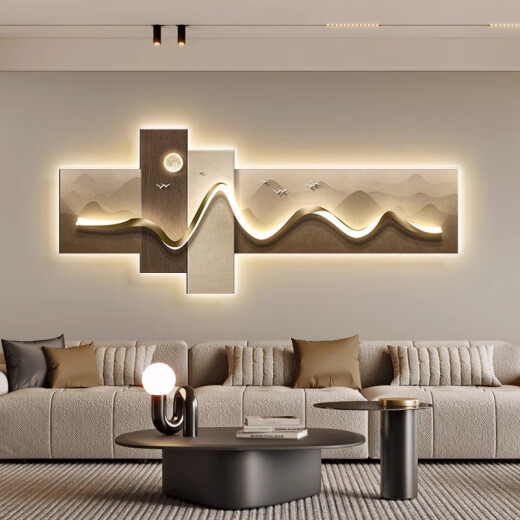 Wall-calling living room decorative painting with backing LED light painting sofa background wall hanging painting modern light luxury creative mural gilded mountains and rivers B style 210*87 (LED light painting/remote plug-in style)