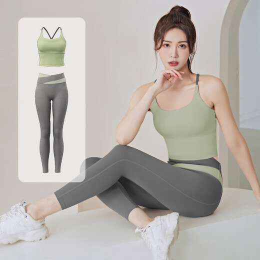 Hui'ang Sports Suit Women's Yoga Wear Women's Running Fitness Wear Quick-drying Underwear with Breast Pads Camisole Trousers Green M