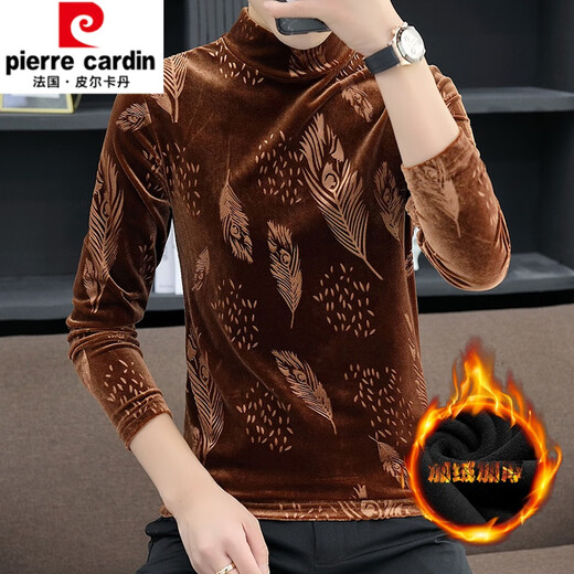 皮尔卡丹（pierre cardin）男士金丝绒长袖t恤男加绒加厚冬季高领打底衫青少年潮牌保暖上衣 691黑色(加.绒) M