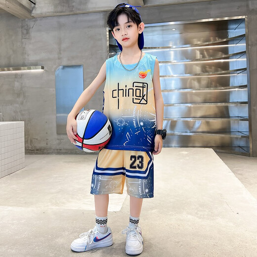 猴兄仔童装男童球服套装夏季新款儿童速干篮球服中大童时尚运动无袖背心短裤两件套男孩衣服3-15岁 蓝色 150(建议身高140CM左右)