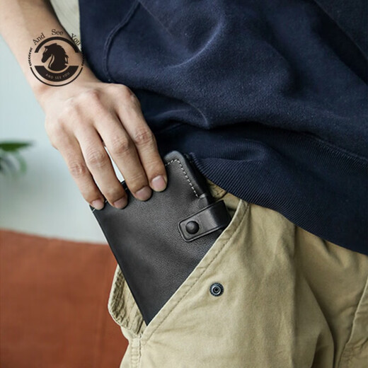 
ANDSEEYOU brand vertical large-capacity card bag cowhide short wallet trendy men's ID bag genuine leather wallet multi-function handbag black
