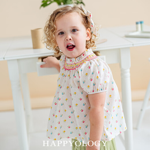Happyology British girls summer pure cotton floral top baby girl's ear-trimmed stand-up collar puff sleeve shirt Starry Night Secret Garden 98 (98cm)