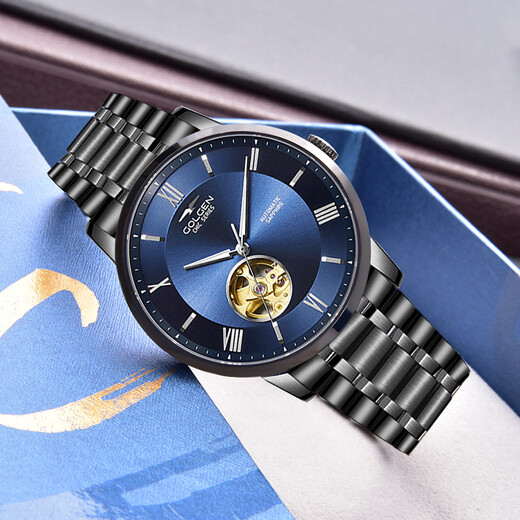Geschenkempfehlung: GOLGEN Uhr Herren vollautomatische mechanische Uhr trendige hohle römische Skala wasserdichtes Stahlband Modeuhr Marke 6187 Stahlband blaue Platte Herrenuhr GN.6187M.BU