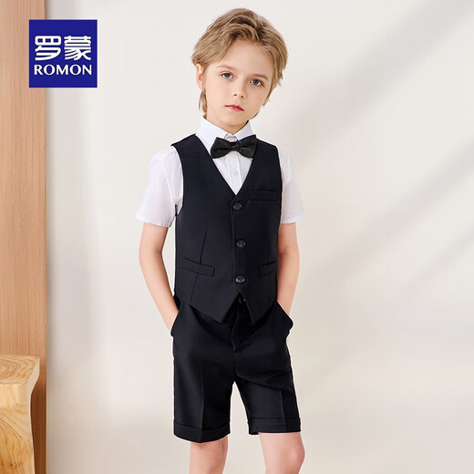 罗蒙儿童西装套装演出服花童礼服中大童钢琴英伦 黑色套装 130