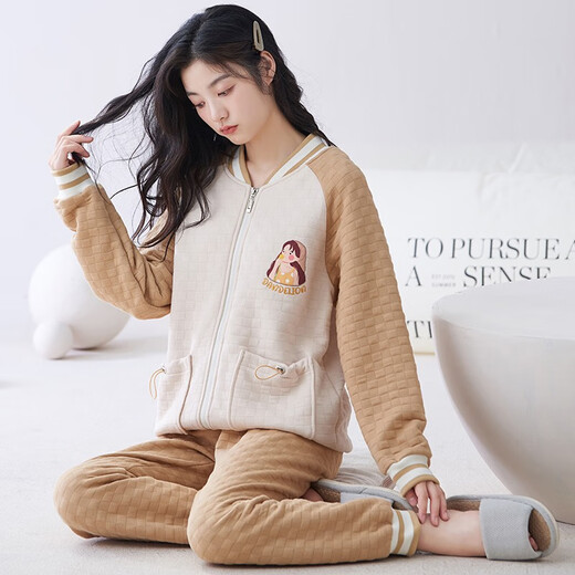 
Qianzhiya (QIANZHIYA) pajamas for girls in autumn and winter thickened pure cotton mezzanine long-sleeved home clothes plus cotton air cotton warmth thin cotton set MFT-15275# Women's M/160