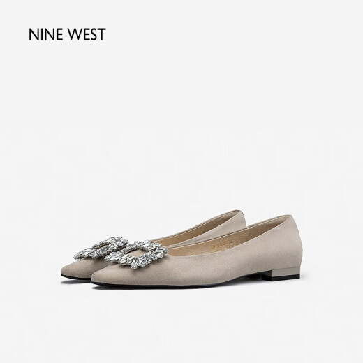 NINEWEST Jiuxi spring new single shoes crystal diamond buckle flat heel lazy shoes shallow mouth women's shoes apricot color 40