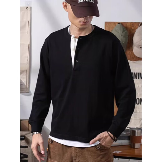 Kuraishi Kazuki Japanese fashion brand pure cotton Henry collar long-sleeved T-shirt men's bottoming shirt autumn and winter loose sweatshirt Henry shirt top men black XL