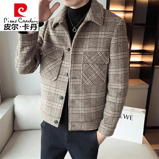 Pierre Cardin Cardin haut de gamme Plaid en laine de veste en laine courte masculine Men de laine à printemps et automne nouvelle veste de revers décontractée hommes 5815 kaki xl [121-140jin [Jin est égal à 0,5 kg]]]